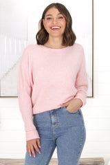 Joanne Knit Top - Crew Neckline Bat Wing Long Sleeve Top in Pink