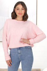 Joanne Knit Top - Crew Neckline Bat Wing Long Sleeve Top in Pink