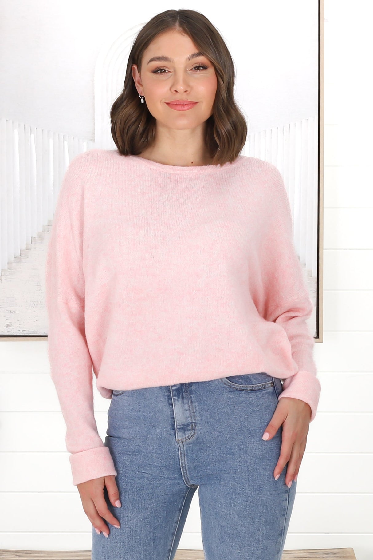 Joanne Knit Top - Crew Neckline Bat Wing Long Sleeve Top in Pink