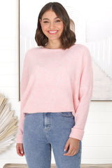 Joanne Knit Top - Crew Neckline Bat Wing Long Sleeve Top in Pink