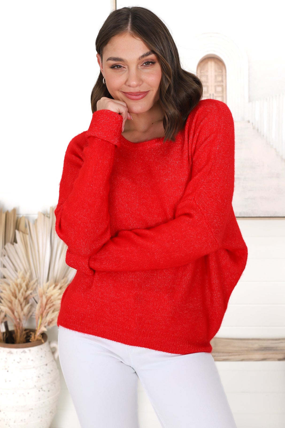 Joanne Knit Top - Crew Neckline Bat Wing Long Sleeve Top in Red