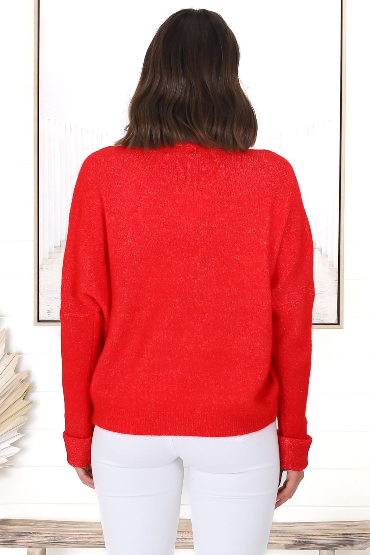 Joanne Knit Top - Crew Neckline Bat Wing Long Sleeve Top in Red