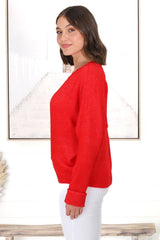 Joanne Knit Top - Crew Neckline Bat Wing Long Sleeve Top in Red