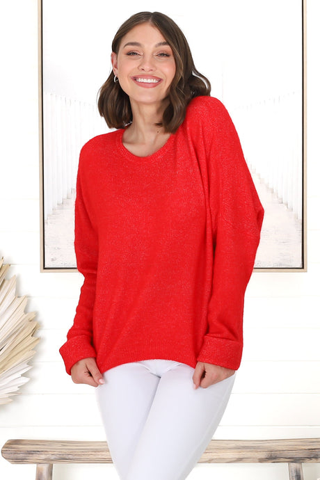 Joanne Knit Top - Crew Neckline Bat Wing Long Sleeve Top in Red