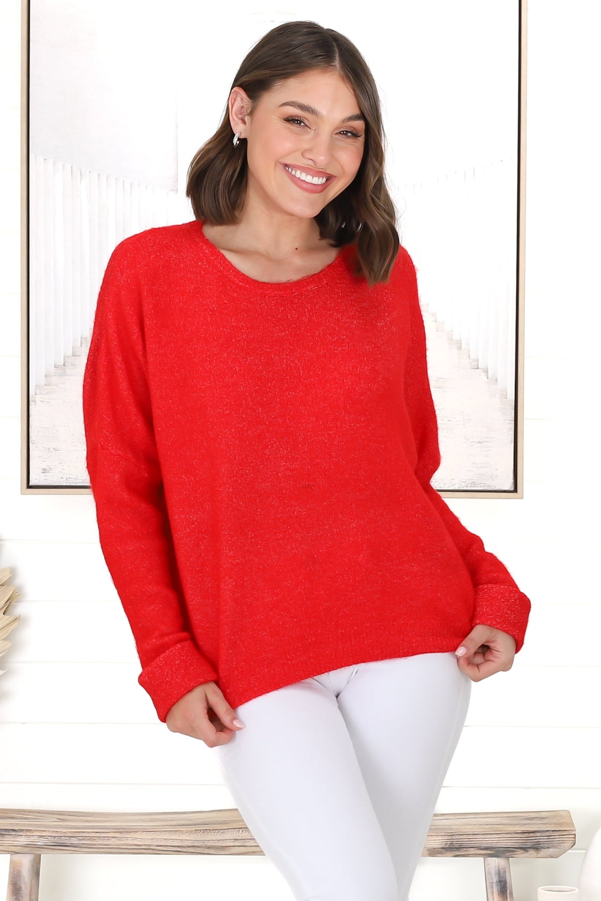 Joanne Knit Top - Crew Neckline Bat Wing Long Sleeve Top in Red