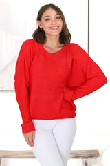 Joanne Knit Top - Crew Neckline Bat Wing Long Sleeve Top in Red