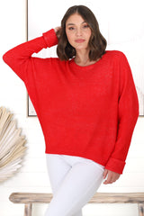 Joanne Knit Top - Crew Neckline Bat Wing Long Sleeve Top in Red