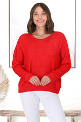 Joanne Knit Top - Crew Neckline Bat Wing Long Sleeve Top in Red