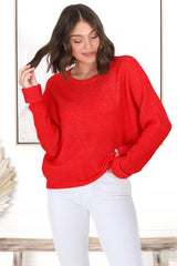 Joanne Knit Top - Crew Neckline Bat Wing Long Sleeve Top in Red