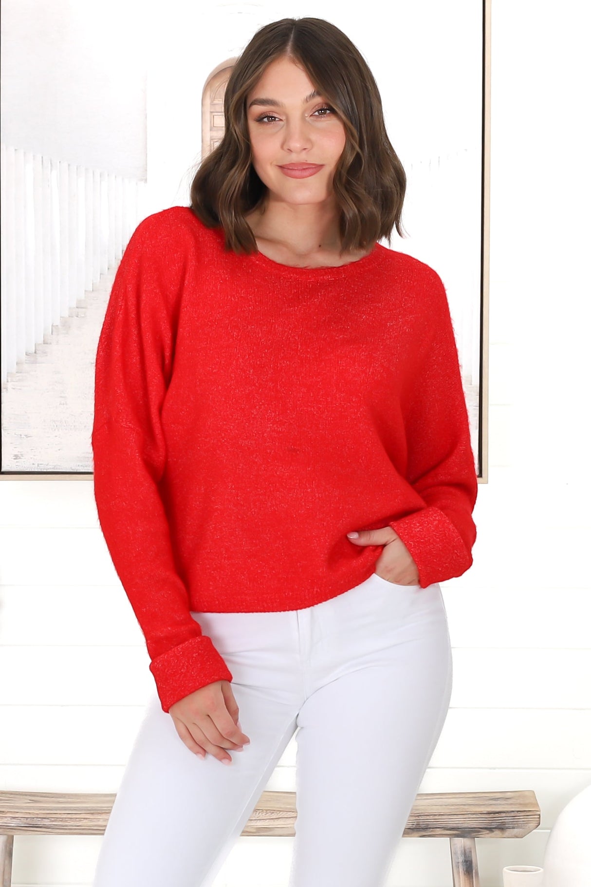 Joanne Knit Top - Crew Neckline Bat Wing Long Sleeve Top in Red