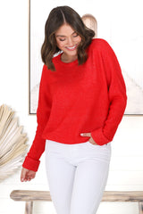 Joanne Knit Top - Crew Neckline Bat Wing Long Sleeve Top in Red