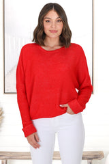 Joanne Knit Top - Crew Neckline Bat Wing Long Sleeve Top in Red