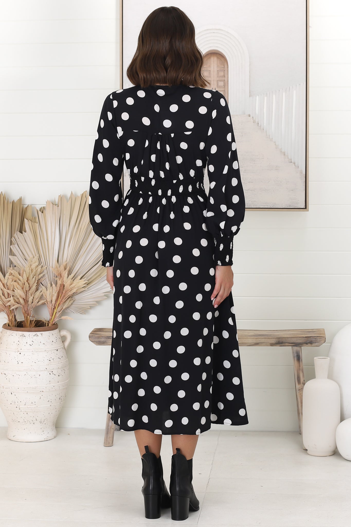Jolie Midi Dress - V Neck Buttoned Down Long Sleeve Dress in Mahony Print White