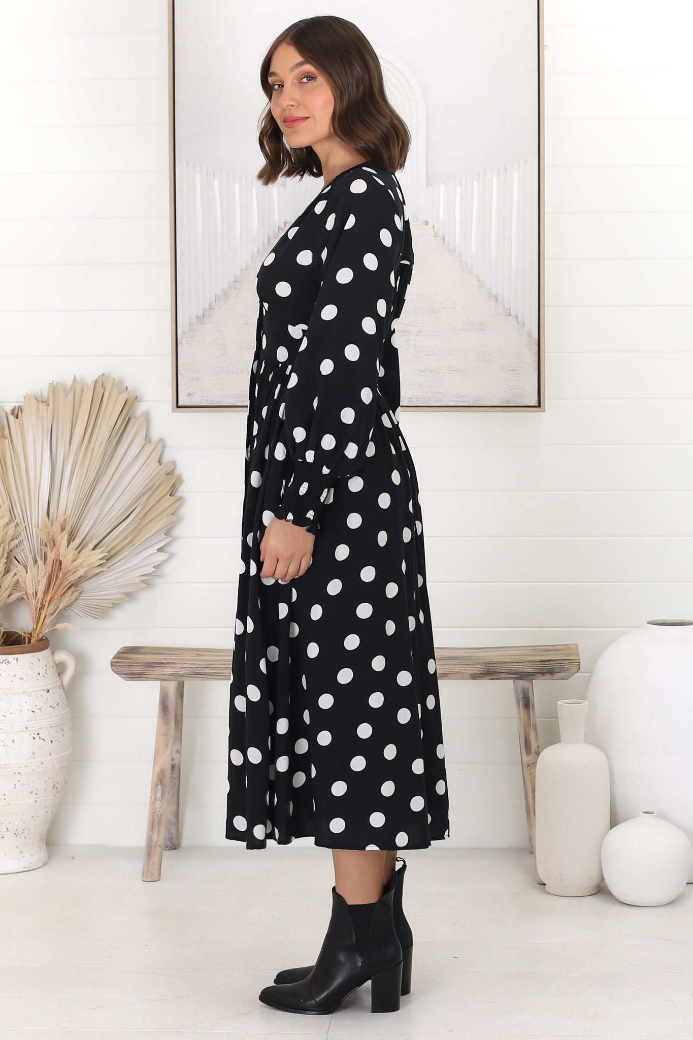 Jolie Midi Dress - V Neck Buttoned Down Long Sleeve Dress in Mahony Print White