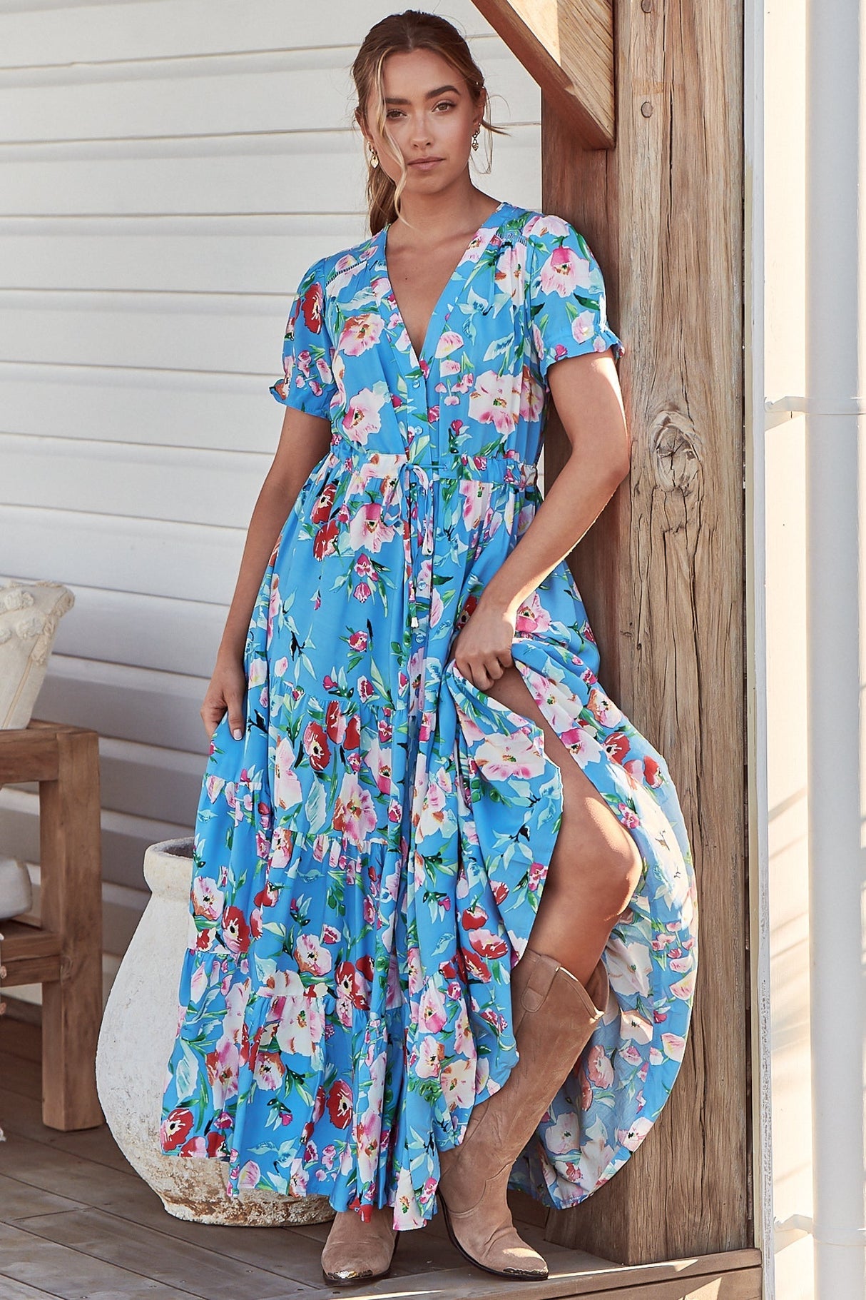 JAASE - June Maxi Dress: Pull Tie Waist Button Down Dress in Imagination Print