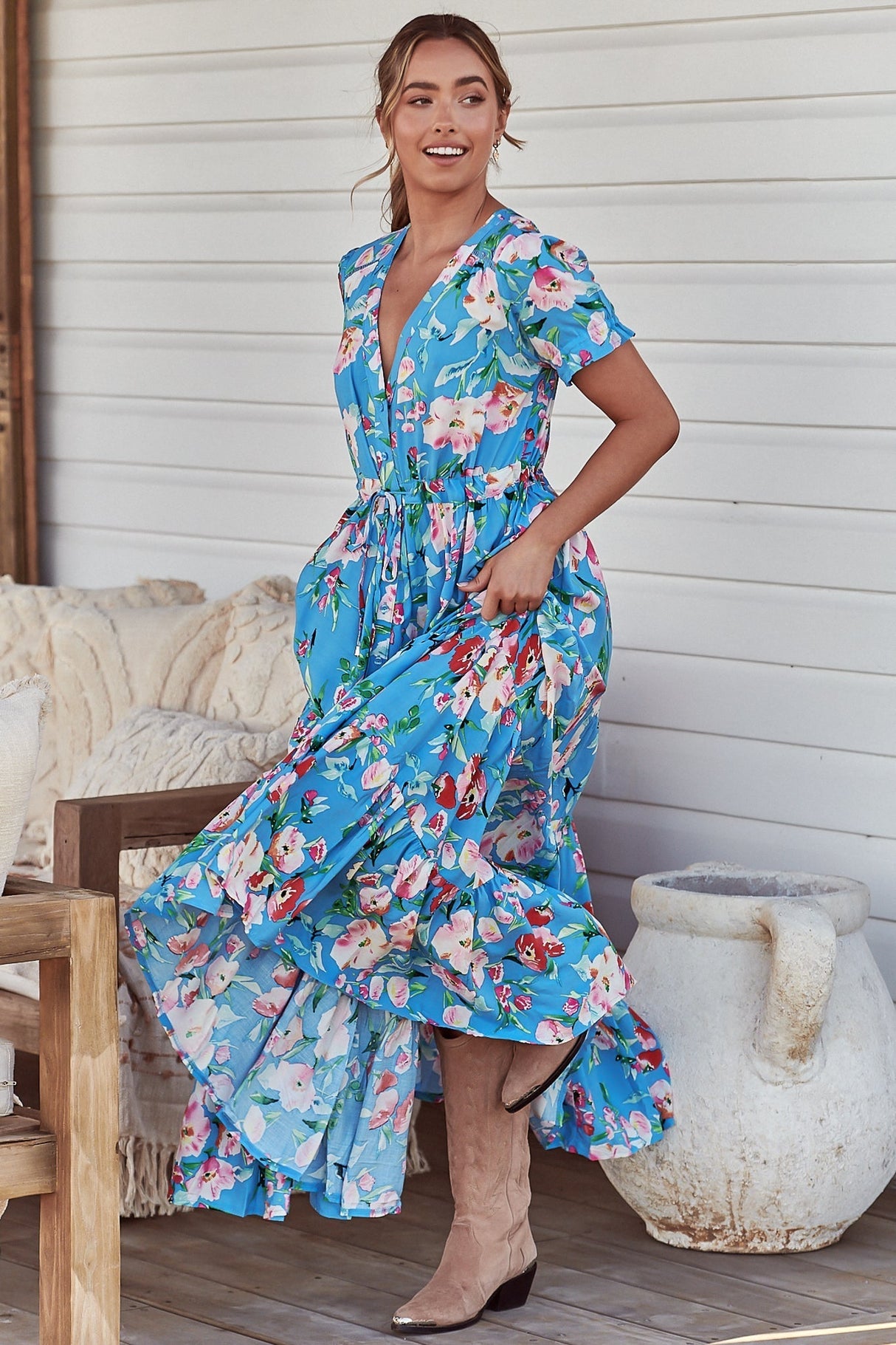 JAASE - June Maxi Dress: Pull Tie Waist Button Down Dress in Imagination Print