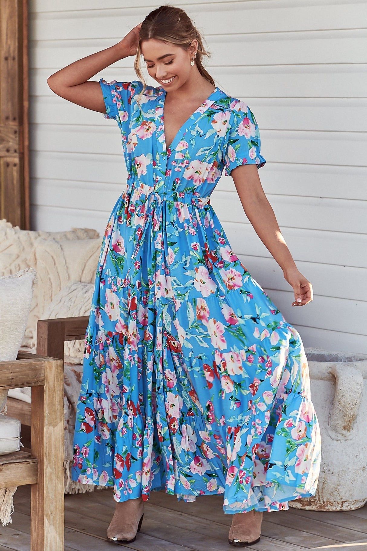 JAASE - June Maxi Dress: Pull Tie Waist Button Down Dress in Imagination Print