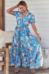 June Maxi Dress - Pull Tie Waist Button Down Dress in Imagination Print