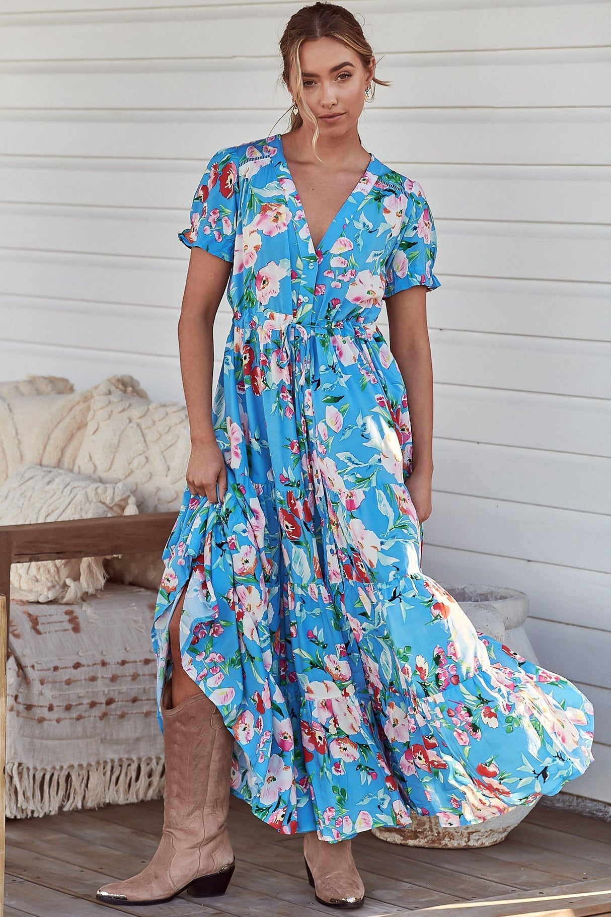 June Maxi Dress - Pull Tie Waist Button Down Dress in Imagination Print