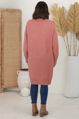 Kartika Cardigan - Long Ribbed Cuff and Hem Cardigan with Pockets in Dusty Rose