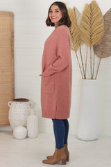 Kartika Cardigan - Long Ribbed Cuff and Hem Cardigan with Pockets in Dusty Rose