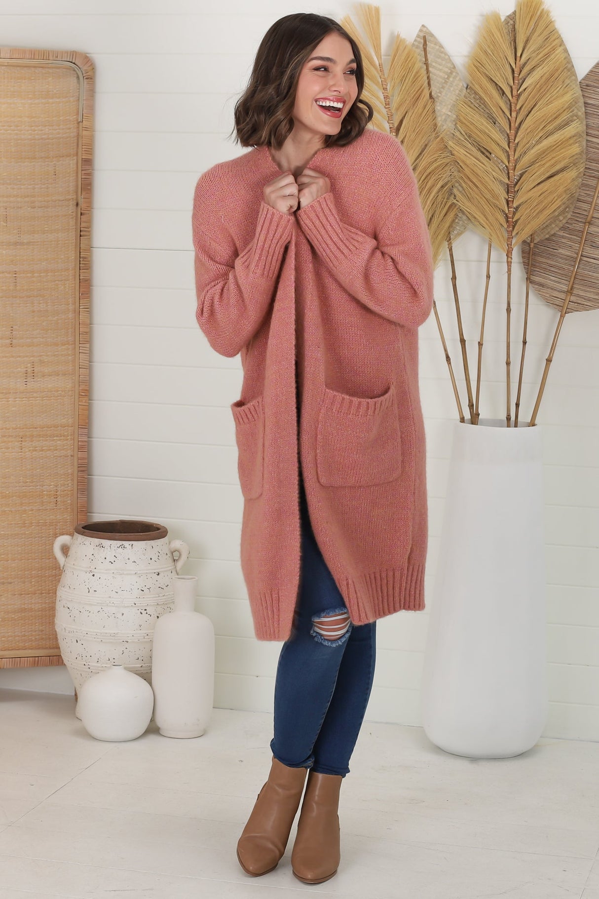 Kartika Cardigan - Long Ribbed Cuff and Hem Cardigan with Pockets in Dusty Rose