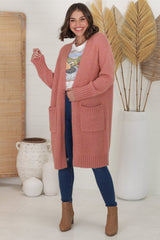 Kartika Cardigan - Long Ribbed Cuff and Hem Cardigan with Pockets in Dusty Rose