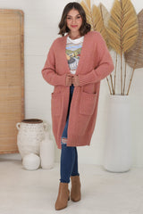 Kartika Cardigan - Long Ribbed Cuff and Hem Cardigan with Pockets in Dusty Rose