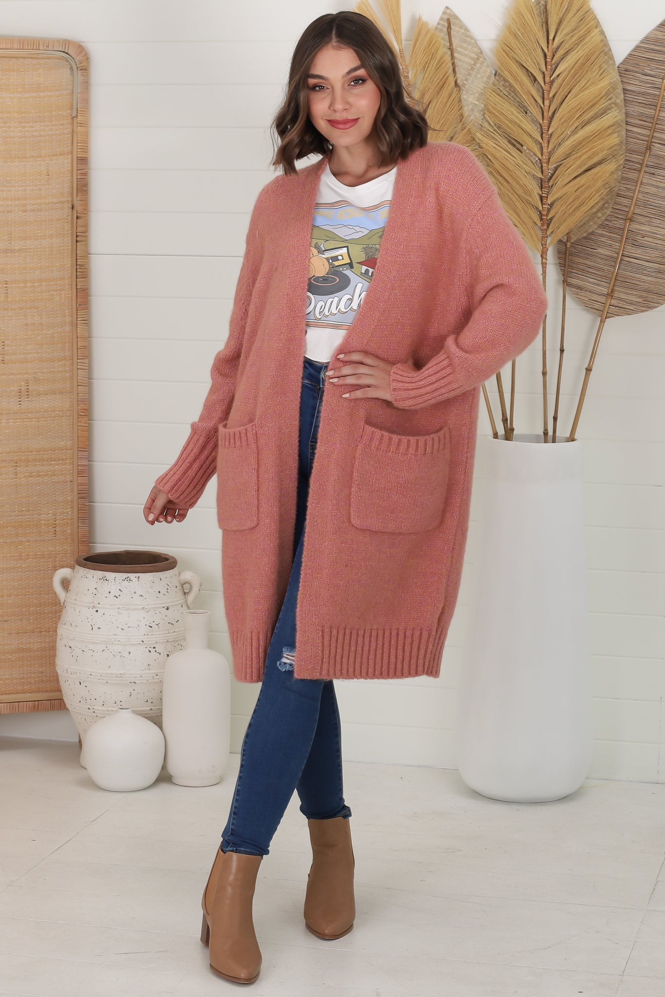 Kartika Cardigan - Long Ribbed Cuff and Hem Cardigan with Pockets in Dusty Rose
