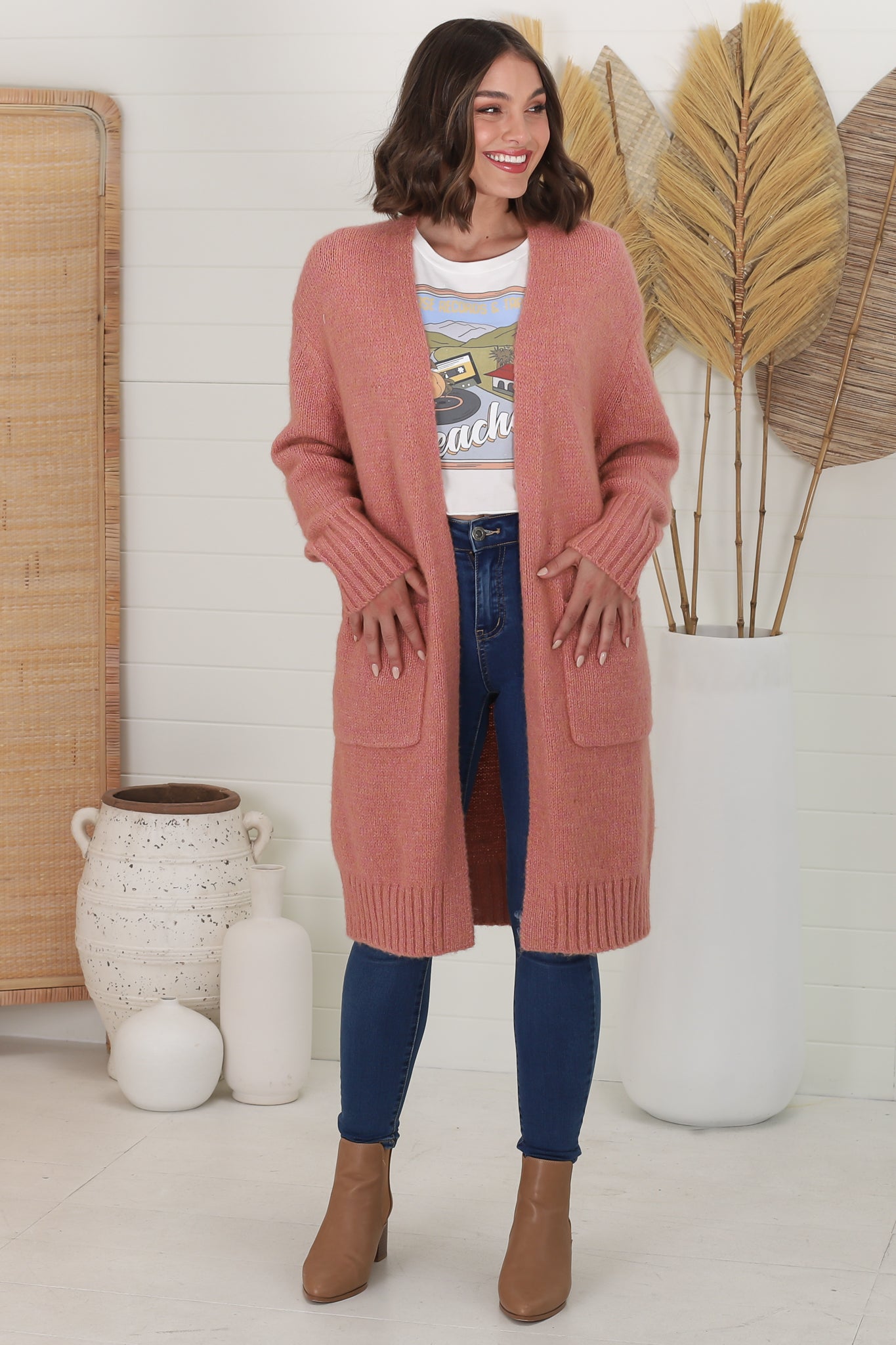 Kartika Cardigan - Long Ribbed Cuff and Hem Cardigan with Pockets in Dusty Rose