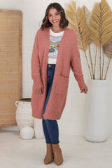 Kartika Cardigan - Long Ribbed Cuff and Hem Cardigan with Pockets in Dusty Rose