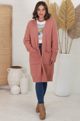 Kartika Cardigan - Long Ribbed Cuff and Hem Cardigan with Pockets in Dusty Rose