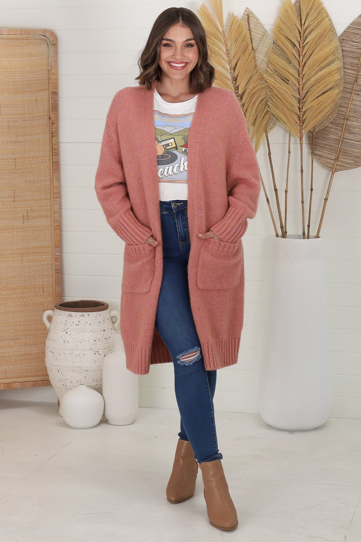 Kartika Cardigan - Long Ribbed Cuff and Hem Cardigan with Pockets in Dusty Rose