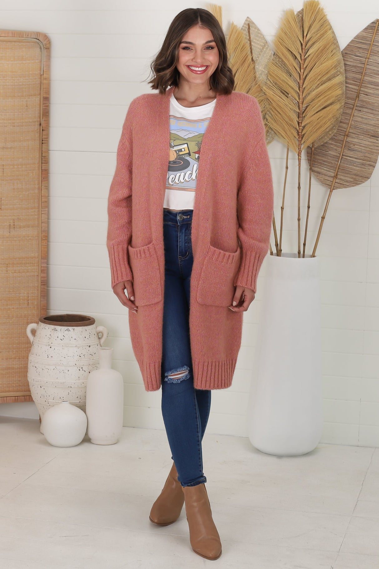 Kartika Cardigan - Long Ribbed Cuff and Hem Cardigan with Pockets in Dusty Rose