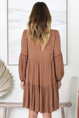 Katya Mini Dress - V-Neck Dress with Long Sleeves in Brown