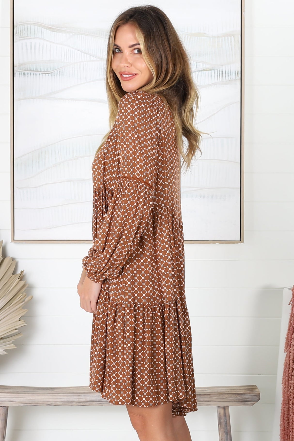 Katya Mini Dress - V-Neck Dress with Long Sleeves in Brown