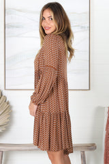 Katya Mini Dress - V-Neck Dress with Long Sleeves in Brown