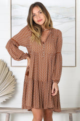 Katya Mini Dress - V-Neck Dress with Long Sleeves in Brown