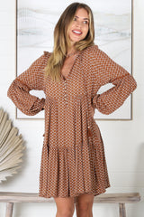 Katya Mini Dress - V-Neck Dress with Long Sleeves in Brown