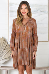 Katya Mini Dress - V-Neck Dress with Long Sleeves in Brown