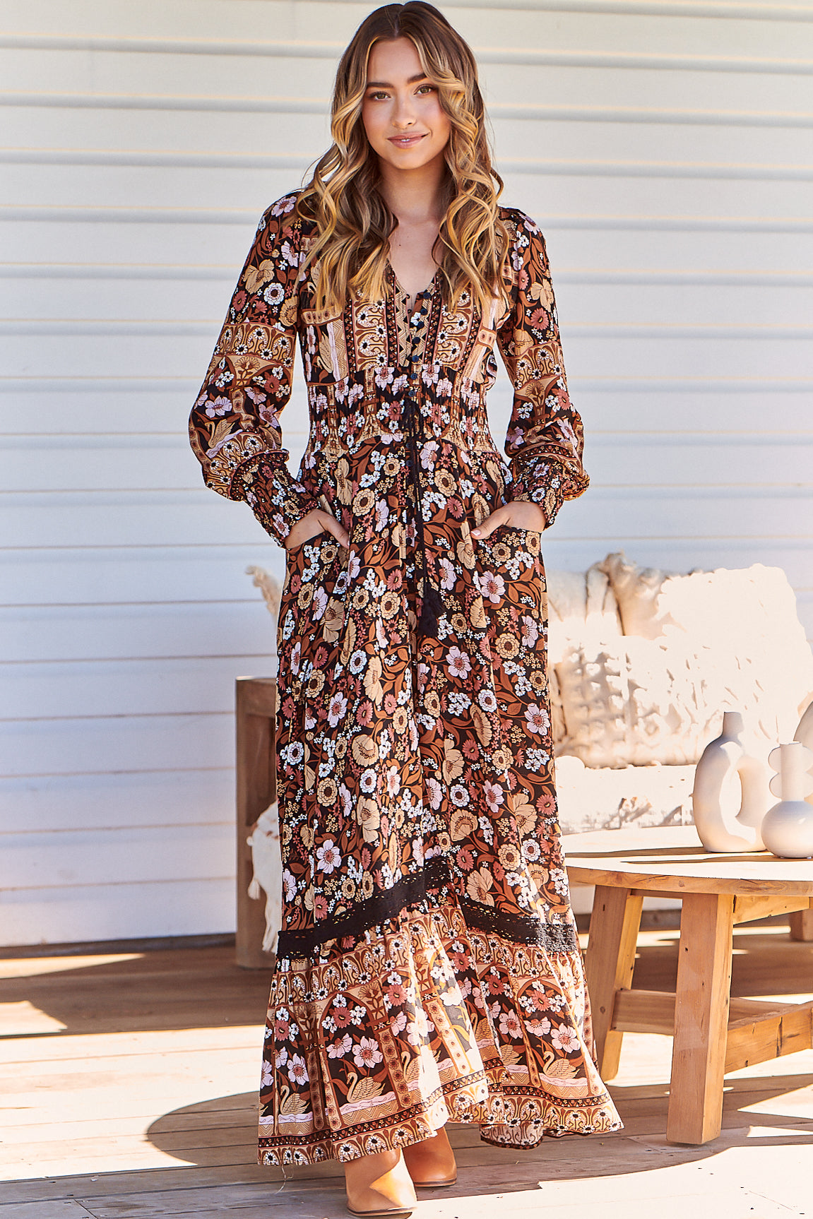 Sabrina Maxi Dress Line Button Through Dress Long Sleeves Hennie Print
