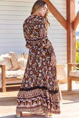 JAASE - Sabrina Maxi Dress: A Line Button Through Dress with Long Sleeves in Hennie Print