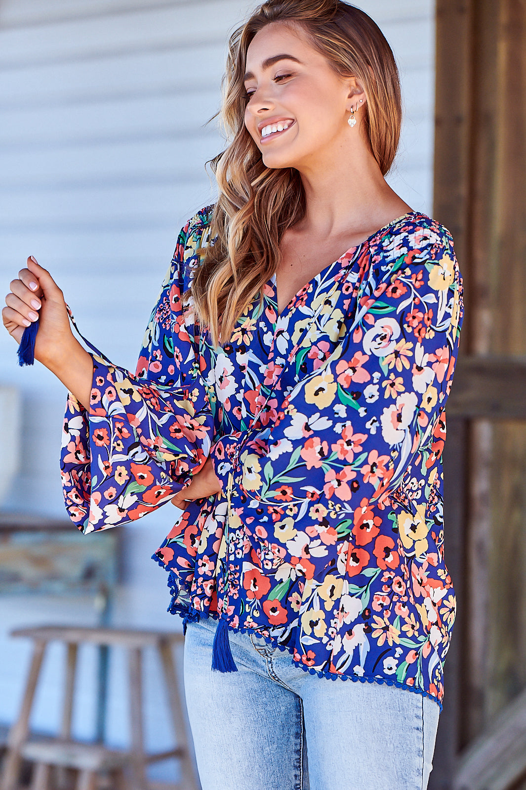 Rue Top - Pull Over Top with Neck Tie in Carnation Print