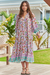 JAASE - Briana Midi Dress: Frill Collar Oversized Buttoned Dress with Waist Tie and Frill Splicing in Field Day Print