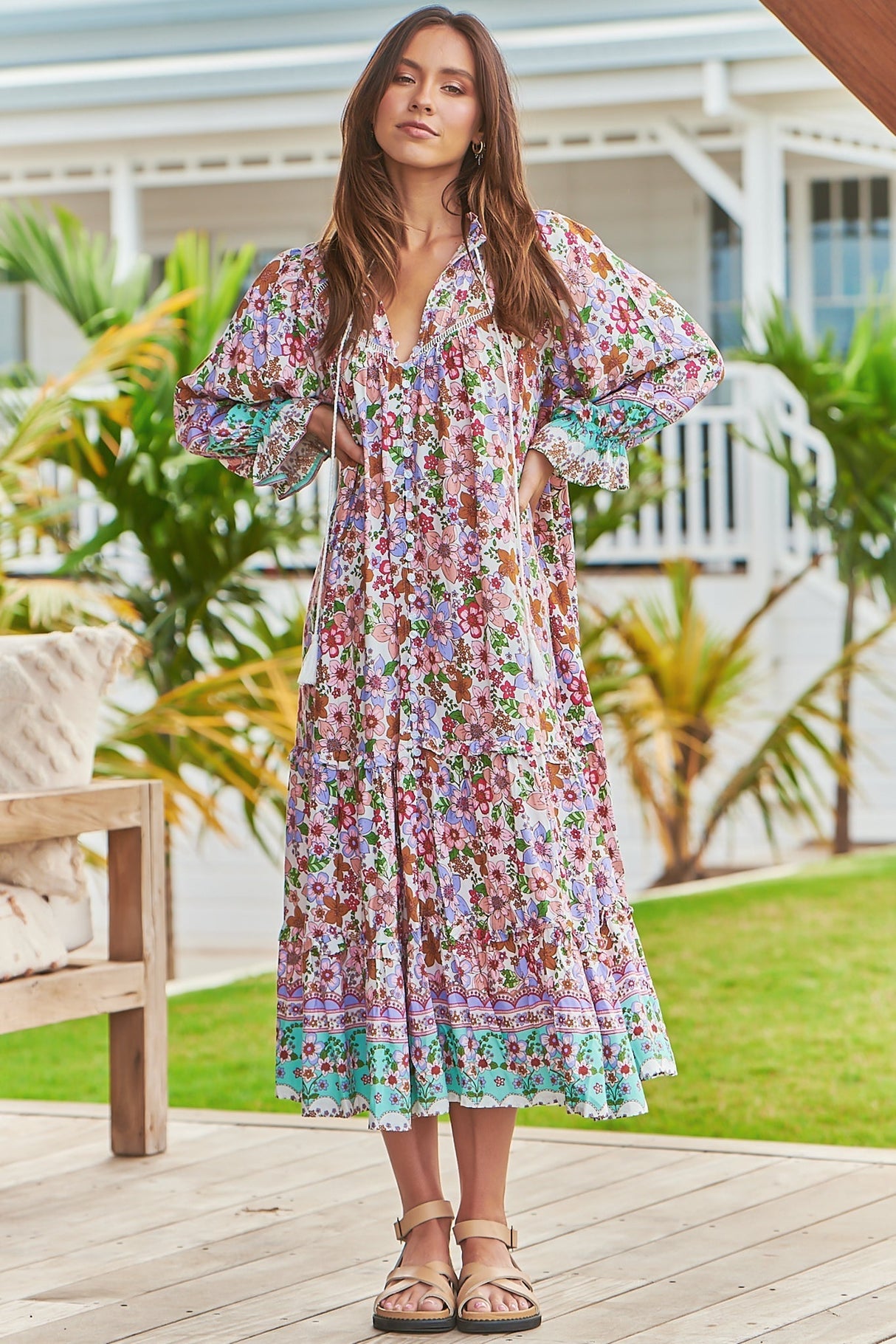 JAASE - Briana Midi Dress: Frill Collar Oversized Buttoned Dress with Waist Tie and Frill Splicing in Field Day Print