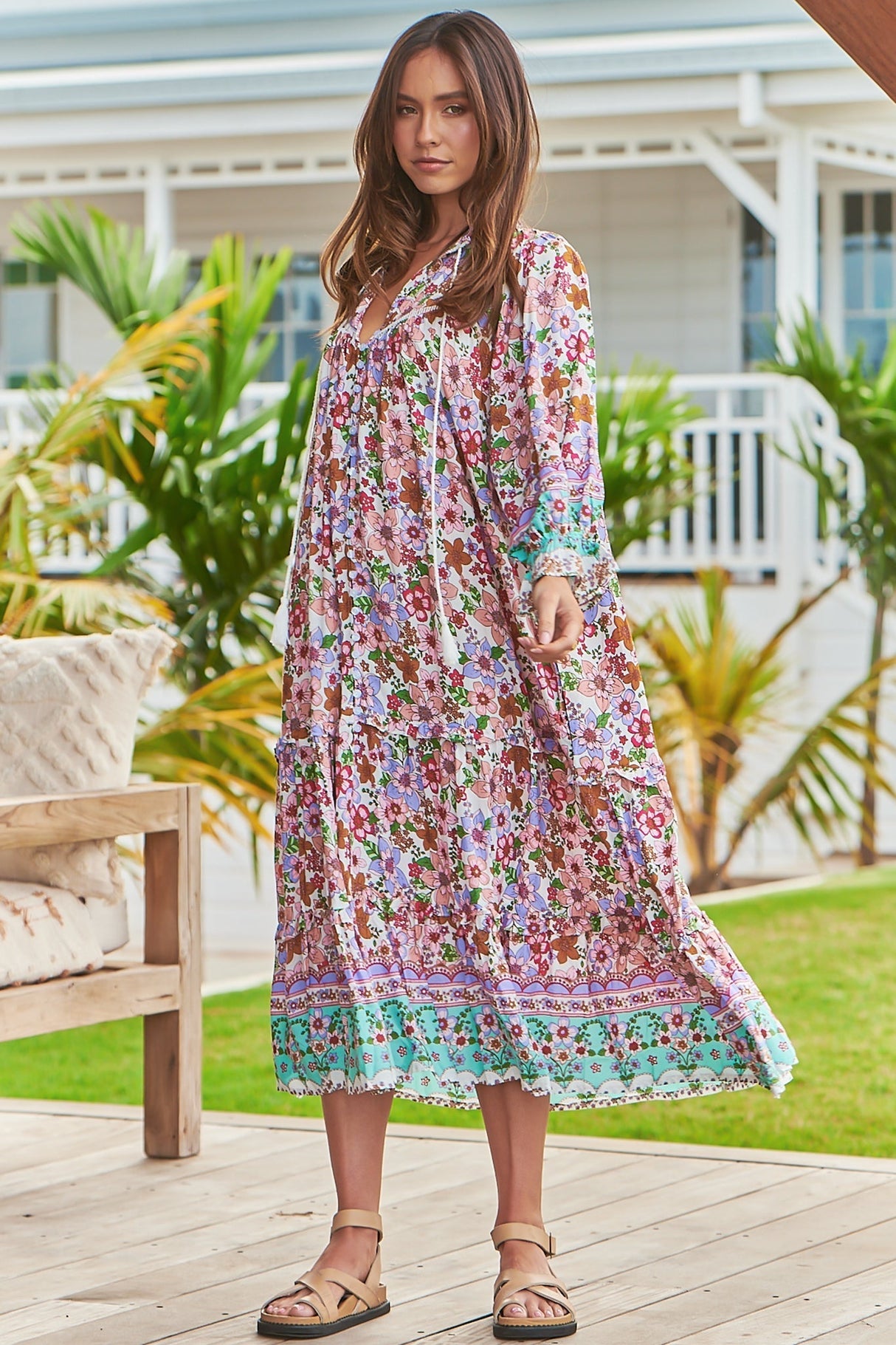 JAASE - Briana Midi Dress: Frill Collar Oversized Buttoned Dress with Waist Tie and Frill Splicing in Field Day Print