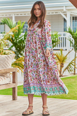 JAASE - Briana Midi Dress: Frill Collar Oversized Buttoned Dress with Waist Tie and Frill Splicing in Field Day Print