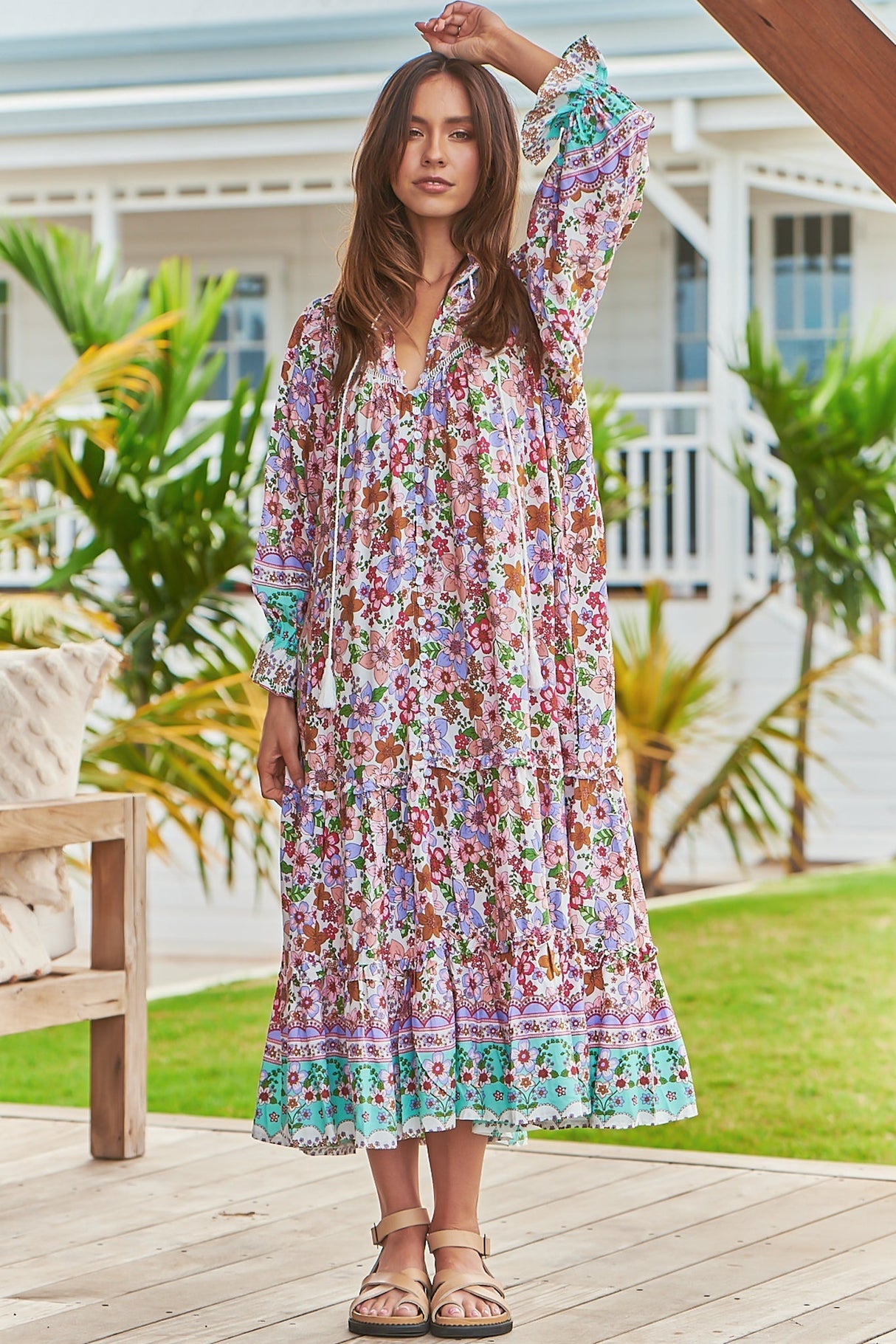 JAASE - Briana Midi Dress: Frill Collar Oversized Buttoned Dress with Waist Tie and Frill Splicing in Field Day Print