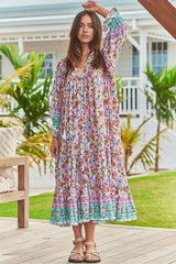 JAASE - Briana Midi Dress: Frill Collar Oversized Buttoned Dress with Waist Tie and Frill Splicing in Field Day Print