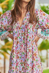 JAASE - Briana Midi Dress: Frill Collar Oversized Buttoned Dress with Waist Tie and Frill Splicing in Field Day Print